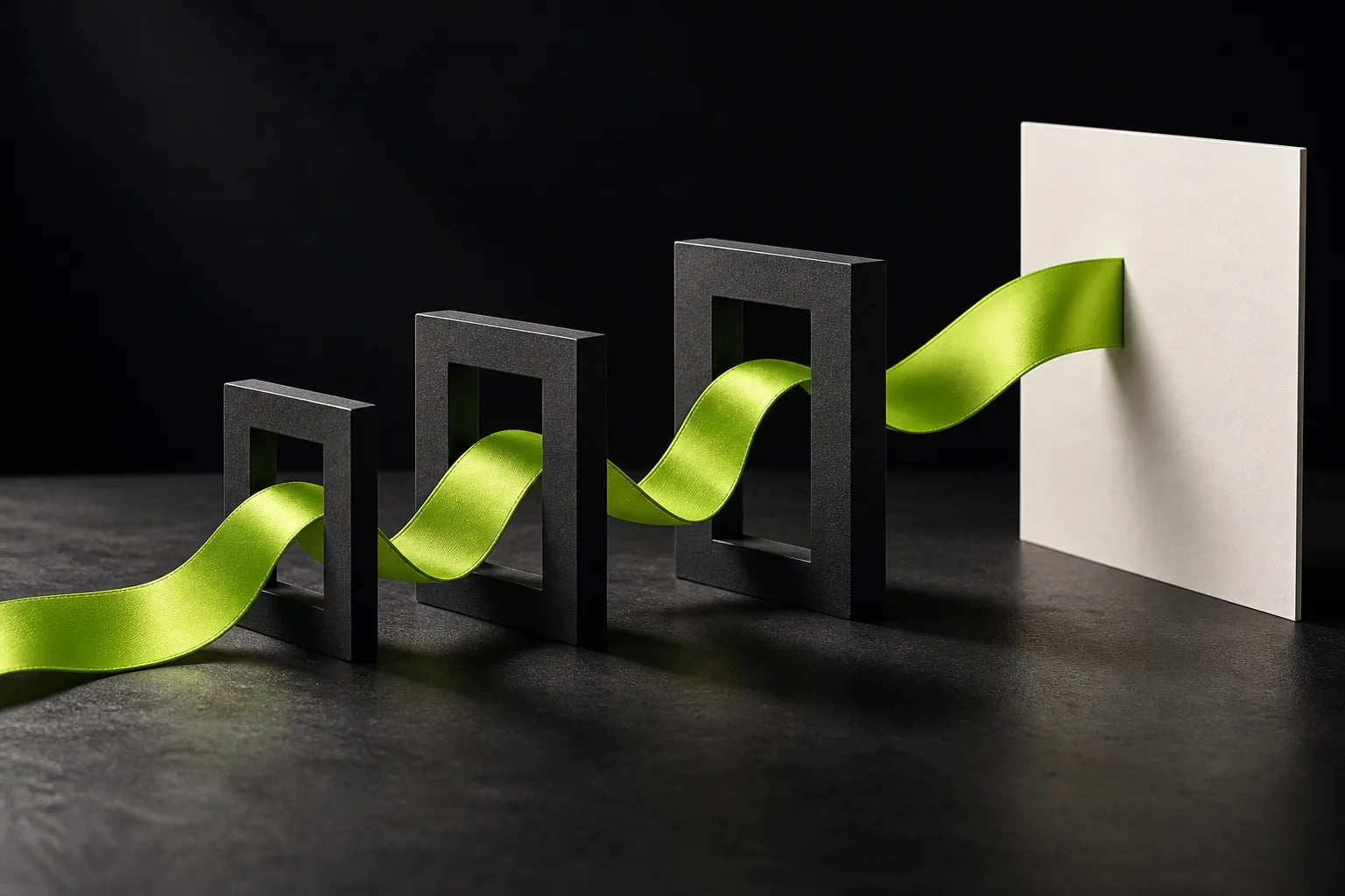 Lime ribbon passing through dark frames toward a landing page