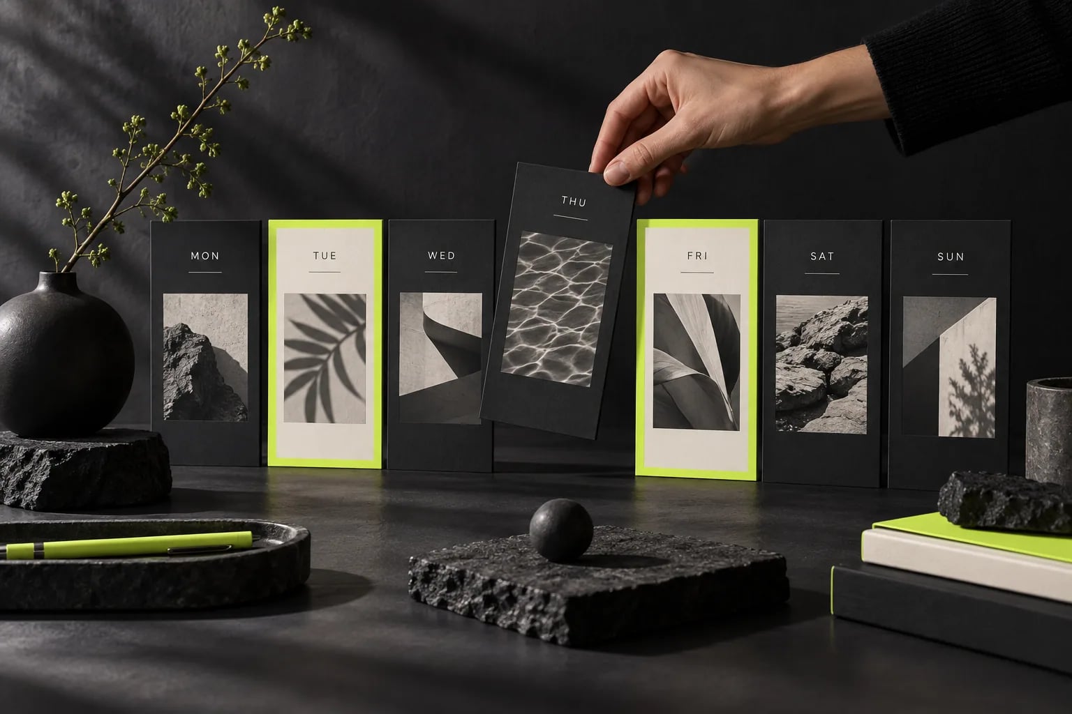 A weekly social content planner with monochrome photographs and lime accents