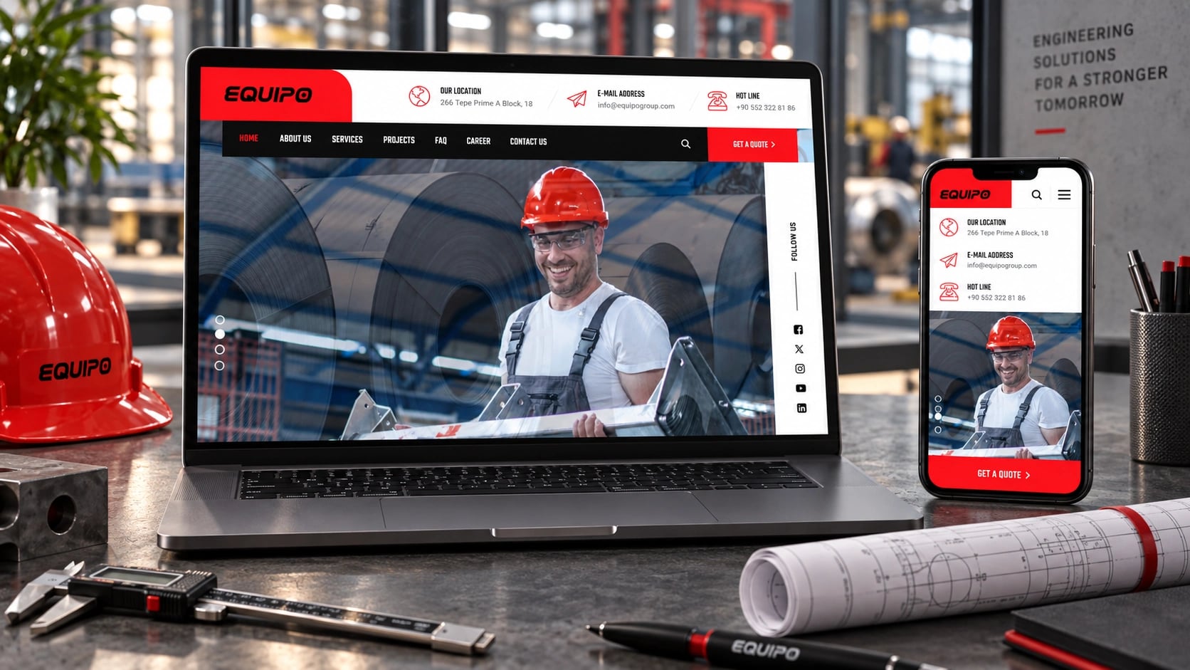 EQUIPO website displayed on a laptop and phone in a contextual studio setting