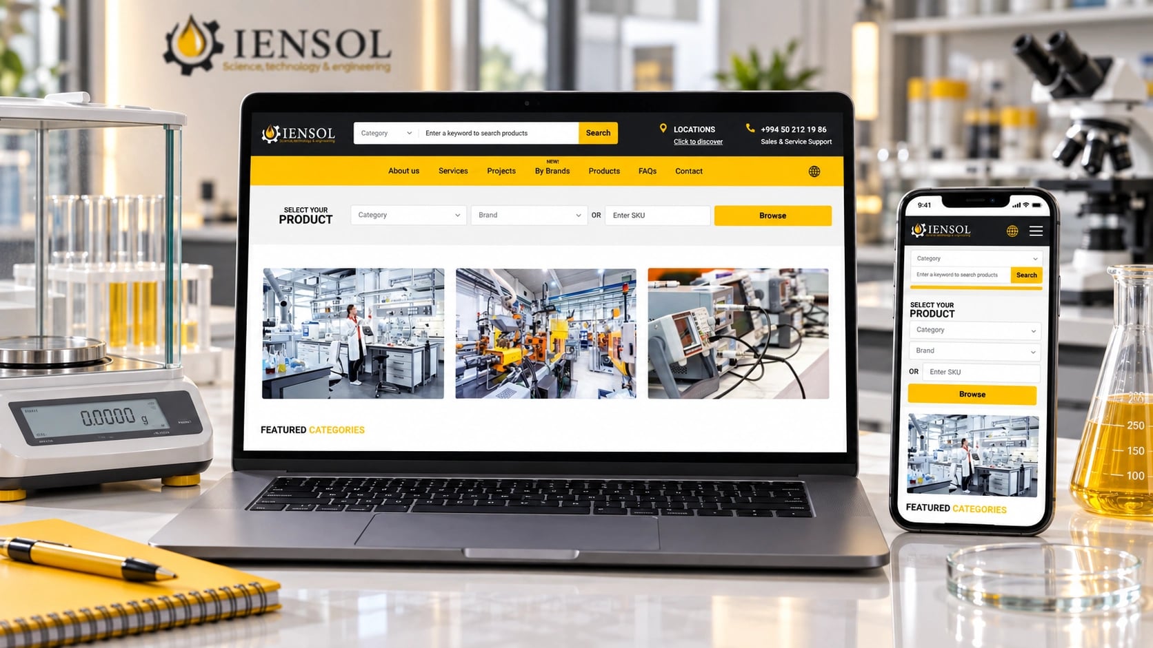 IENSOL website displayed on a laptop and phone in a contextual studio setting