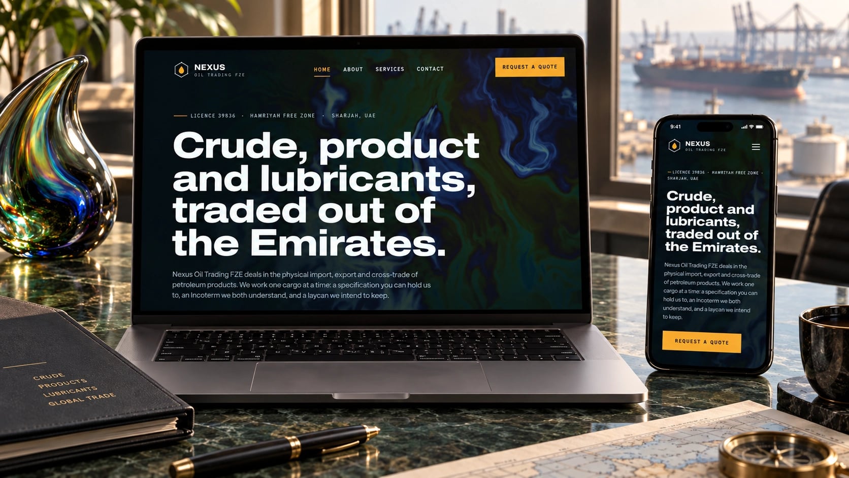 Nexus Oil website displayed on a laptop and phone in a contextual studio setting