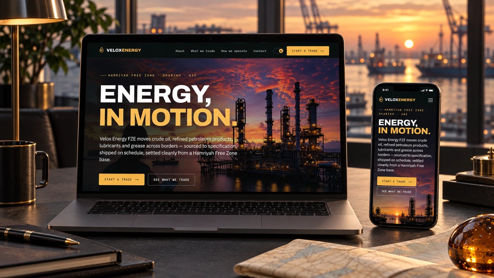 Velox Energy website displayed on a laptop and phone in a contextual studio setting