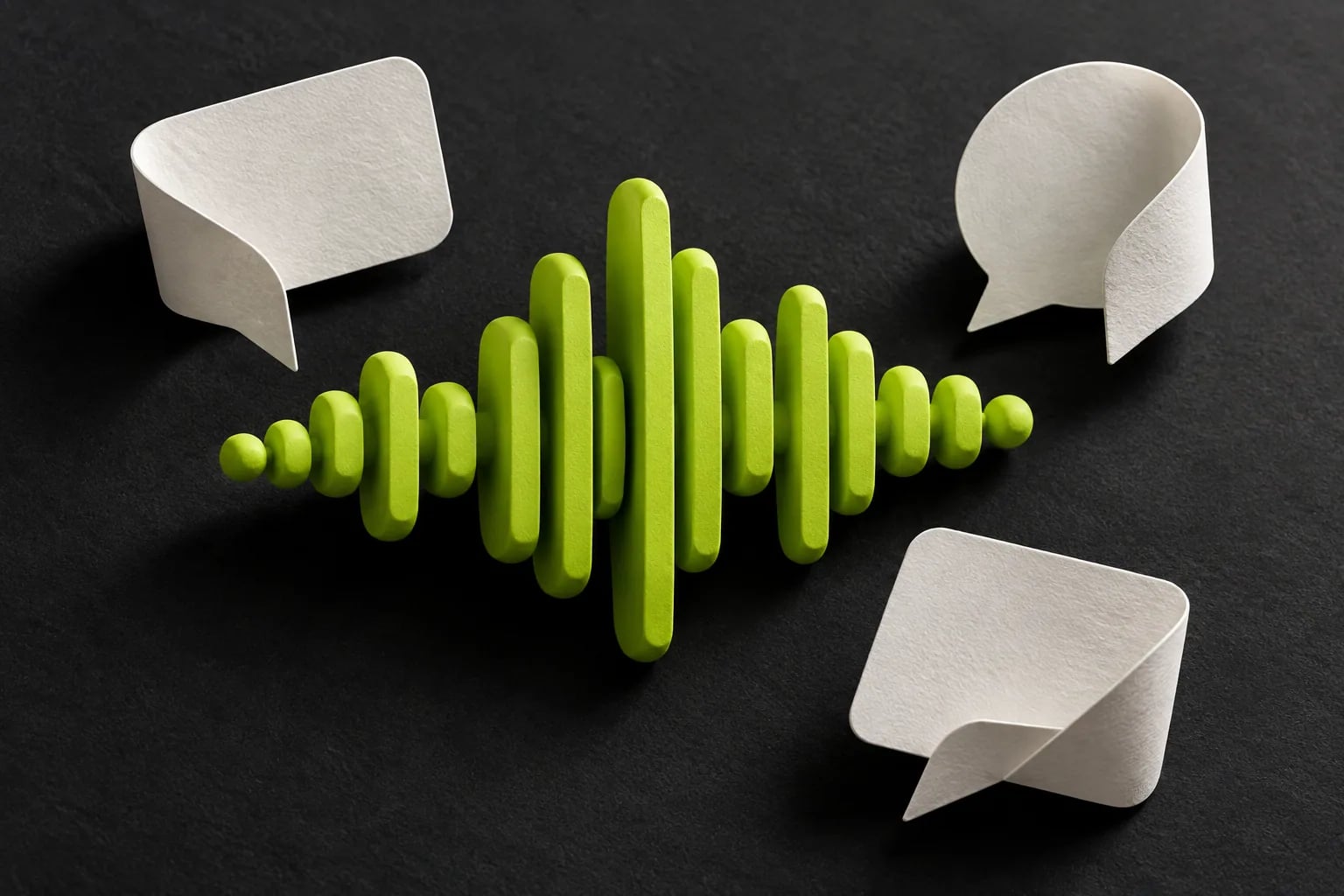 Lime waveform sculpture surrounded by folded paper speech bubbles
