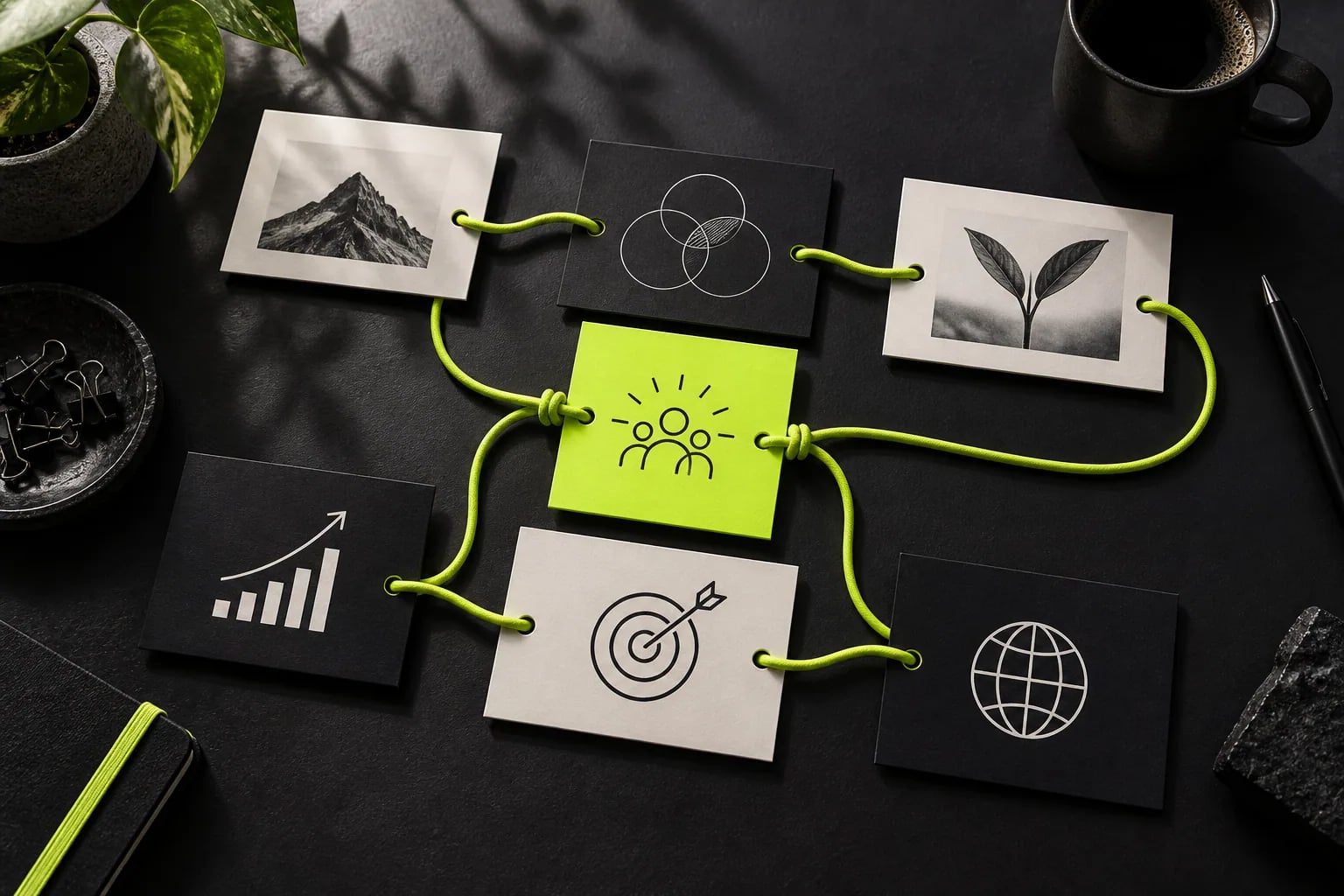 Editorial cards linked by lime cord around a shared marketing plan