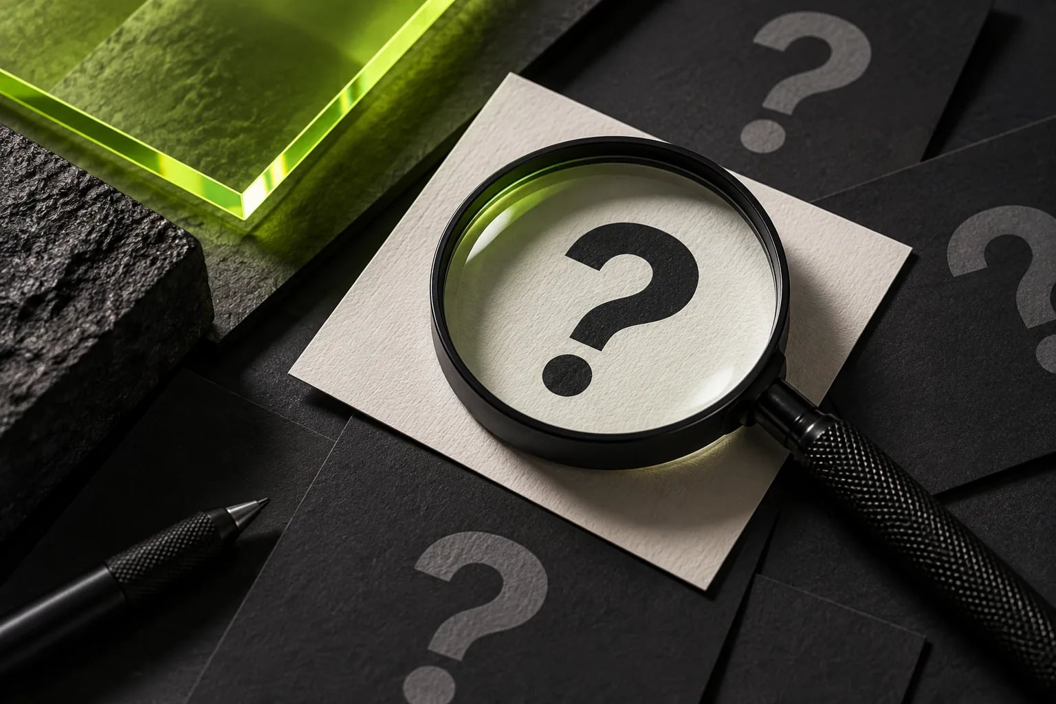 Magnifying glass over customer question cards with lime glass