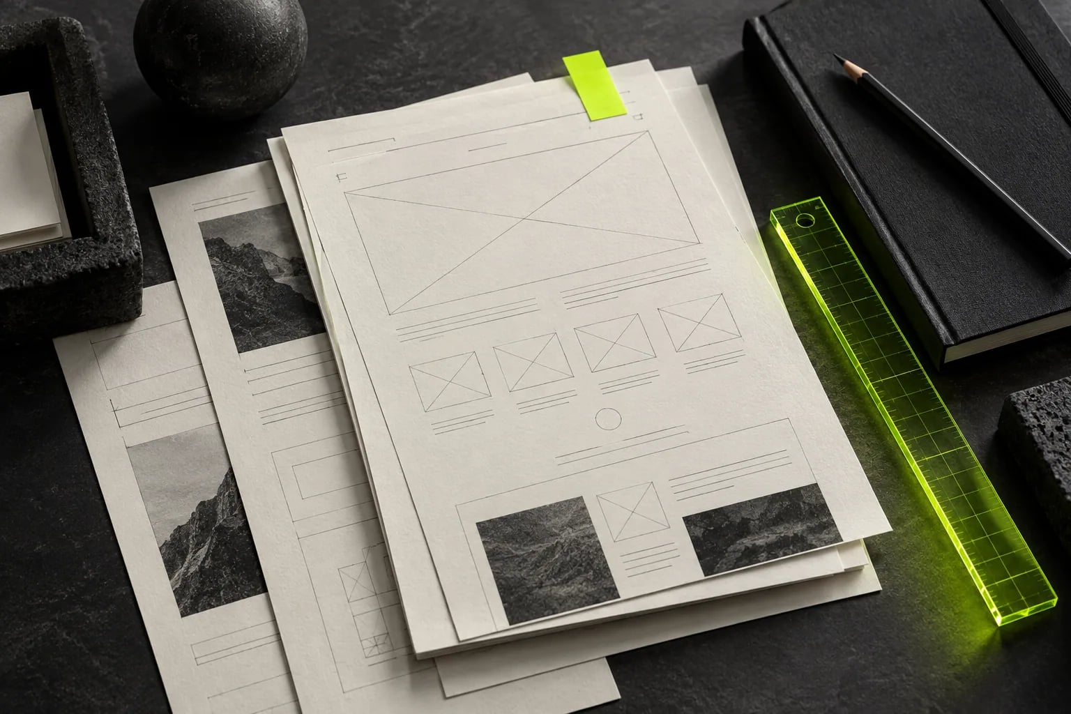 Paper website wireframes with a lime ruler on a charcoal desk